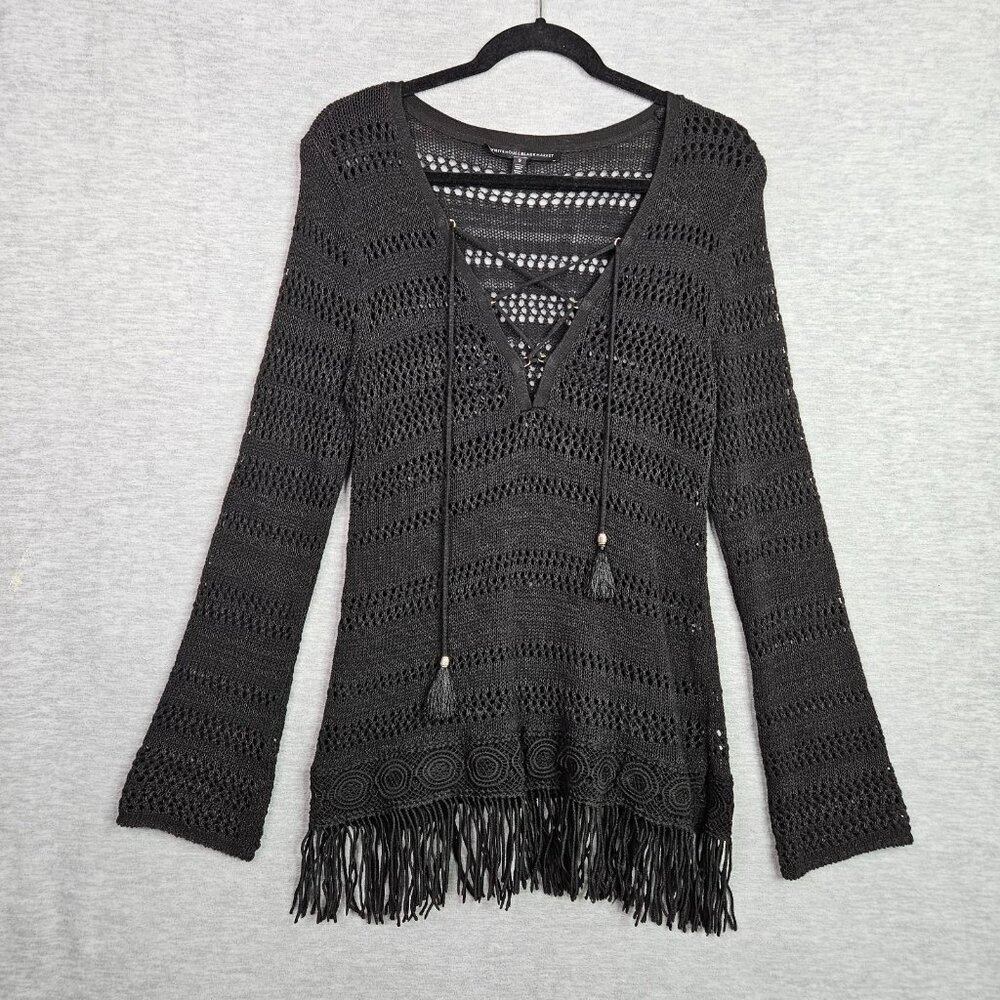 White House Black Market Women's Fringe Hem Lace Up Sweater Sz S